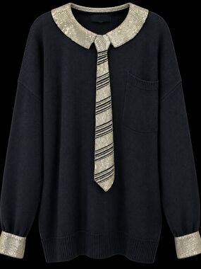 Vintage BONNIE BOERER PLUS Black Ramie Cotton Sweater Metallic Beaded Collar Tie